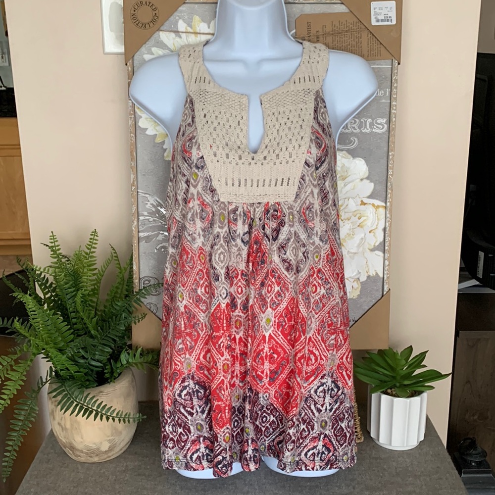 LUCKY BRAND Coral Boho Lace Tank Top S